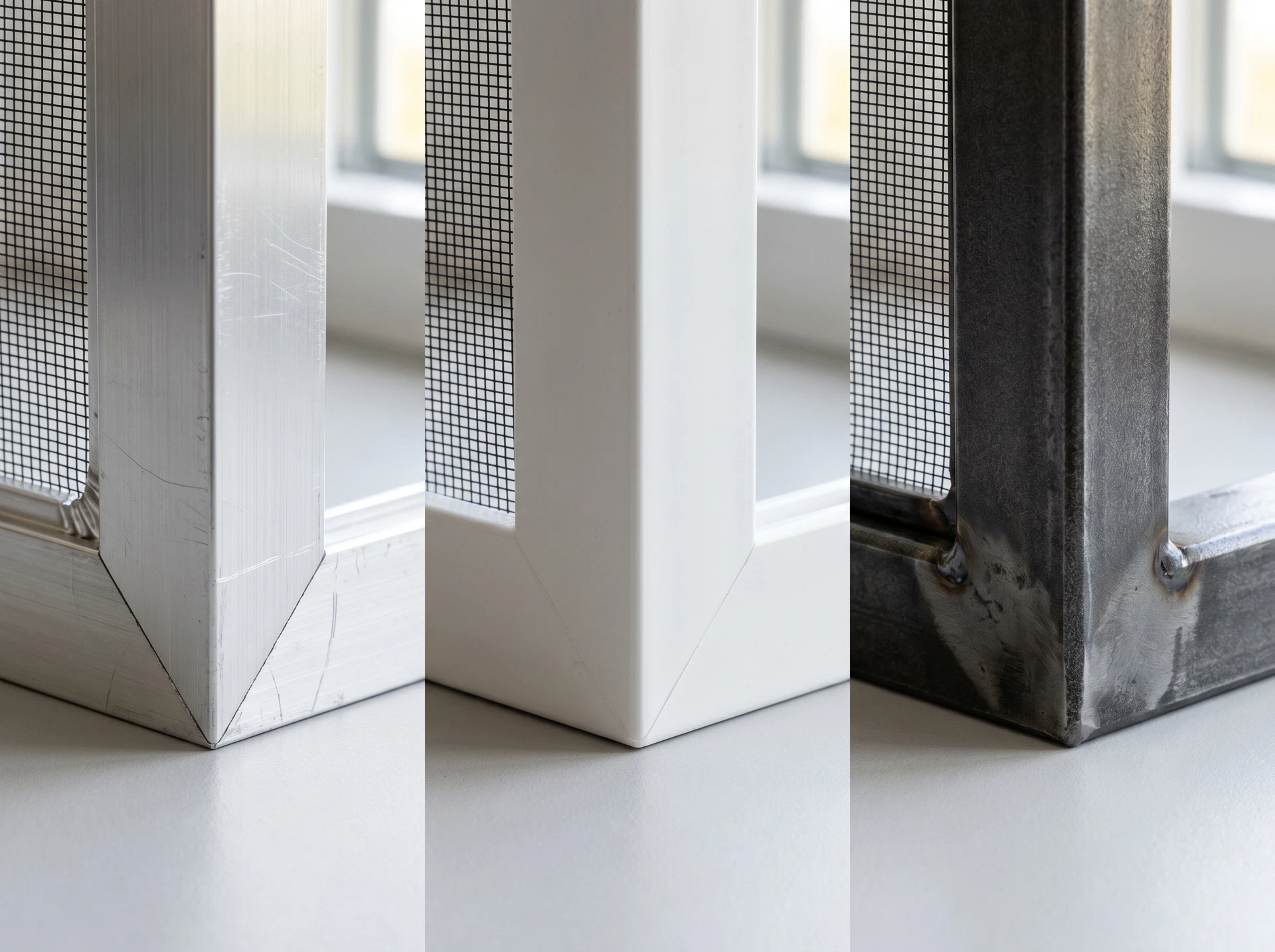 Window screen frame corner details in different materials: aluminum, vinyl, and steel arranged for comparison