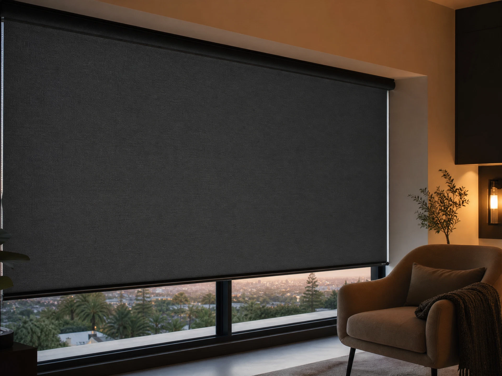 Elegant blackout roller shades on a large window in a modern Los Angeles home