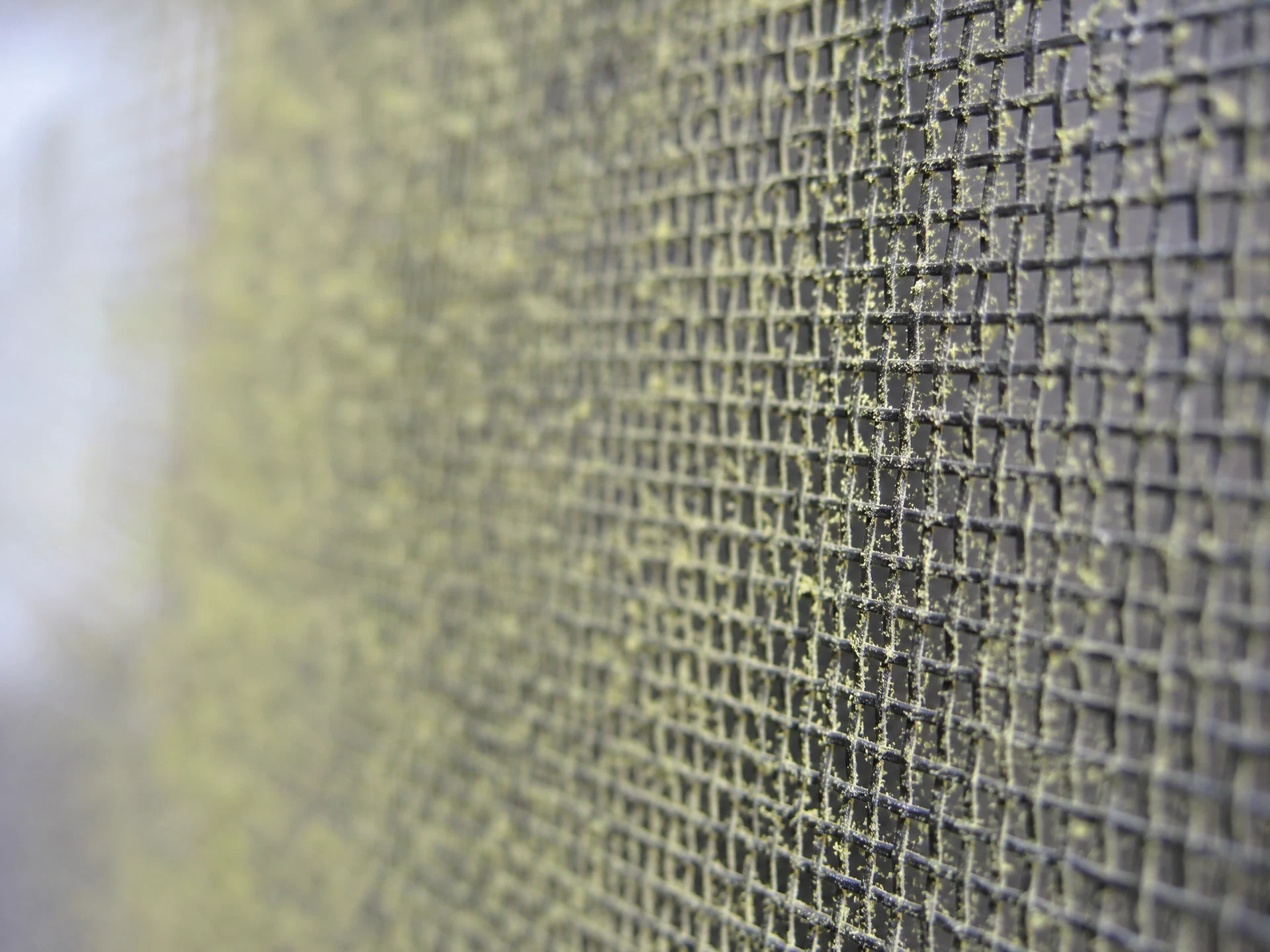 Fine mesh allergy screen material with pollen particles visible on the outside surface