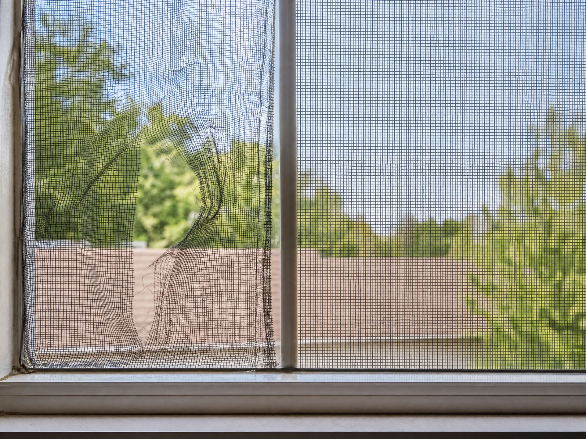 Before and after comparison of a damaged window screen with a tear versus a fresh new screen mesh